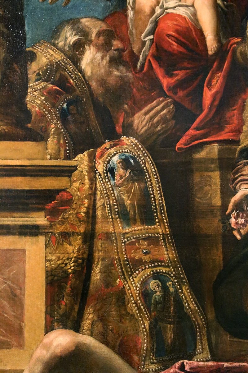 Santa Rosa e un santo vescovo intercedono alla Sacra Famiglia per un appestato - dettaglio